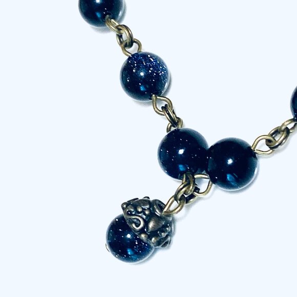 Dark Blue Goldstone Bronze Link Adjustable Short Necklace w/ Cute Acorn Pendant - Picture 5 of 15
